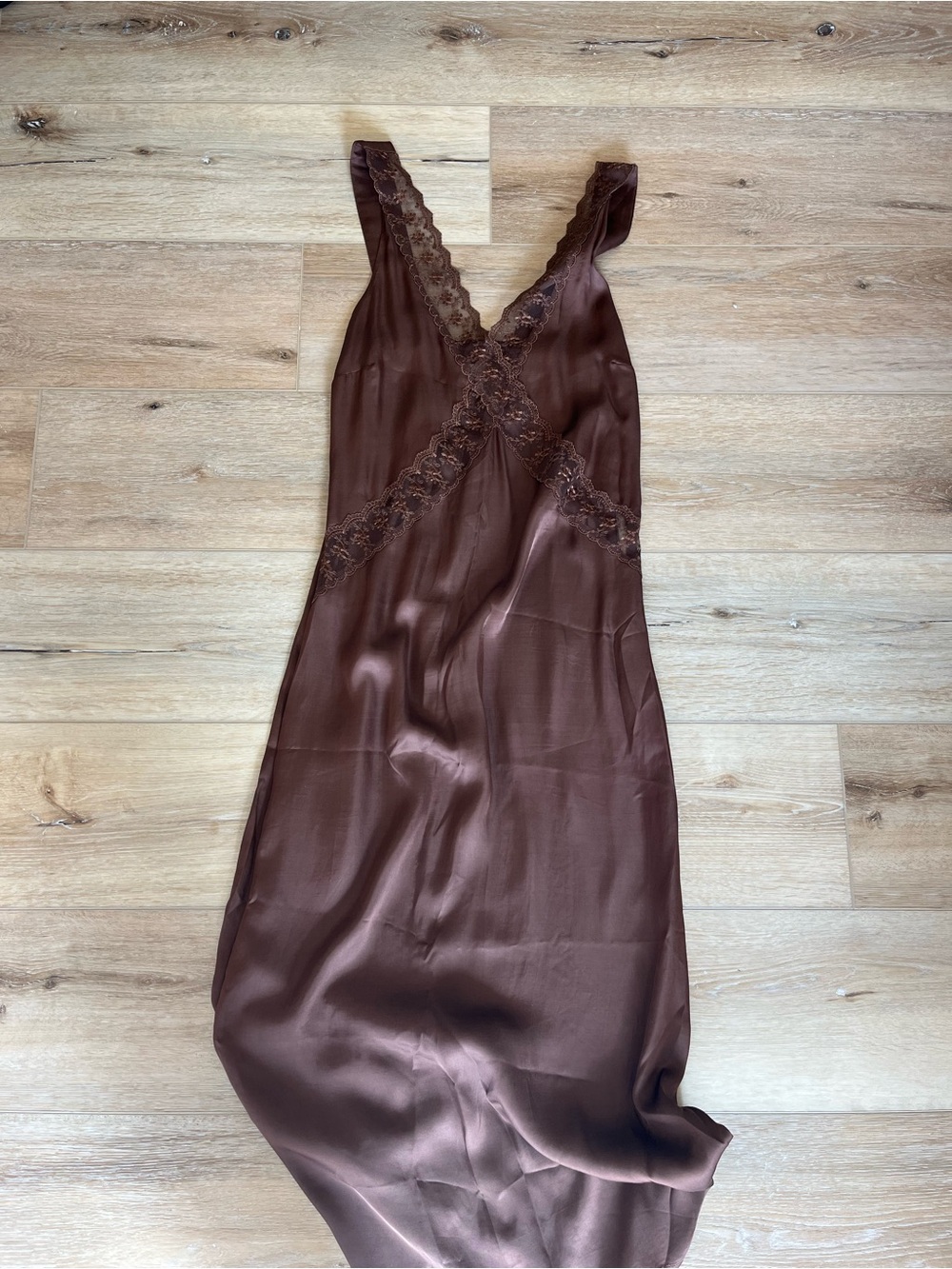 Britton Brown Satin Slip Dress with Lace Trims